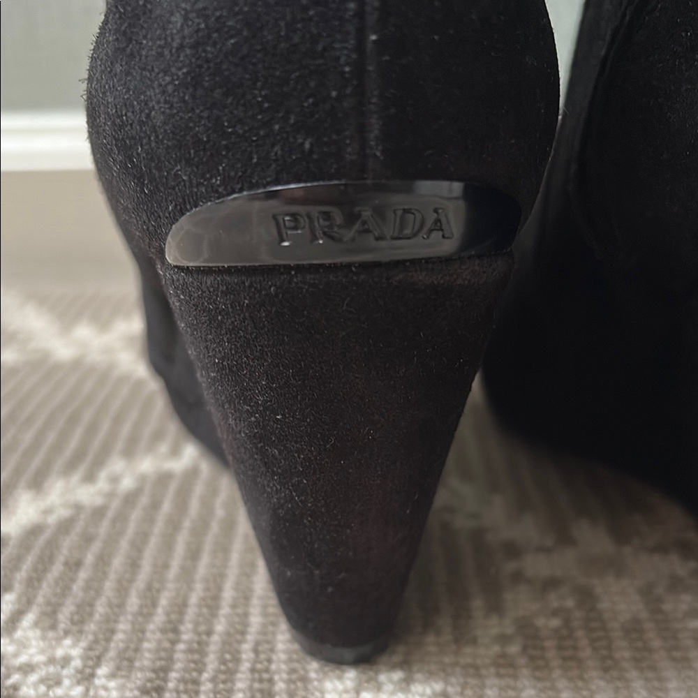 Prada Black Suede Wedge Ankle Boots - Picture 5 of 6
